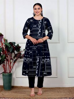 ARAMYA - Women Navy Blue Soft Cotton A-Line Geometric Print Kurta with Pant