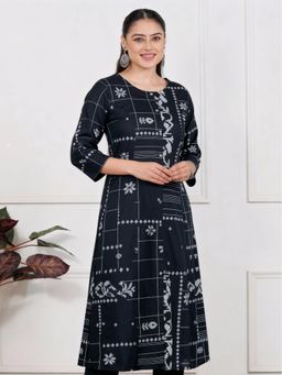 ARAMYA - Women Navy Blue Soft Cotton A-Line Geometric Print Kurta