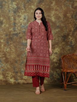 ARAMYA - Women Red Soft Cotton Straight Geometric Print Kurta with Pant