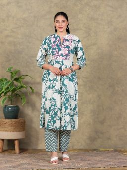 ARAMYA - Women Green Soft Cotton Floral Print Kurta with Pant
