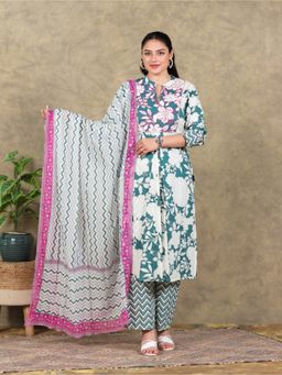 ARAMYA - Women Green Soft Cotton Floral Print Kurta with Pant and Dupatta