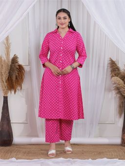ARAMYA - Women Pink Soft Cotton Bandhani Print Kurta with Pant