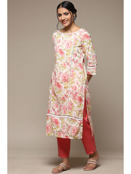 Biba - Womens Off White Printed Cotton Straight Kurta