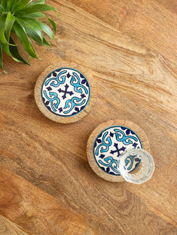 ExclusiveLane - Blue Star Tiles Wooden & Ceramic Tea Coasters (Pack of 2)