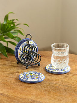 ExclusiveLane - Bloomy White Ceramic Tea Coasters with Iron Holder