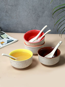 Unravel India - Ceramic Off White Soup Bowls & Spoons (Pack of 4)