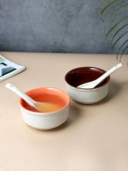 Unravel India - Ceramic Off White Soup Bowls & Spoons (Pack of 2)