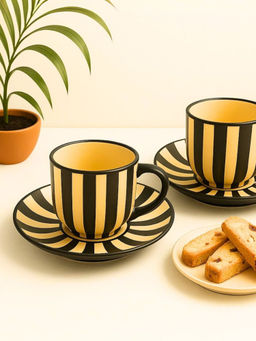 Unravel India - Multi-Color Zebra Pattern Ceramic Handpainted Cup & Saucer (Pack of 2)