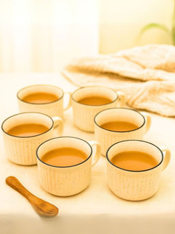 Unravel India - Rippled Pattern Off White Ceramic Mugs (Pack of 6)