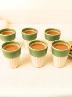 Unravel India - Studio Glazed White & Green Ceramic Tea Kullhads (Pack of 6)