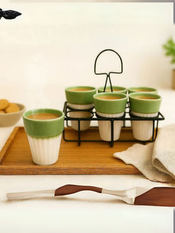 Unravel India - Studio Glazed White & Green Ceramic Tea Kullhads with Stand