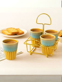 Unravel India - Studio Glazed Yellow & Green Ceramic Tea Kullhads with Stand