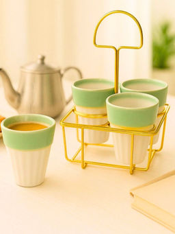 Unravel India - Studio Glazed White & Green Ceramic Tea Kullhads with Stand
