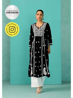 House of Chikankari - Chandni Chikankari Cotton A-Line Black Kurta
