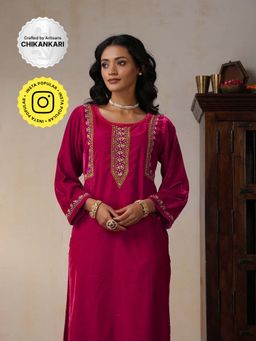 House of Chikankari - Pink Velvet Chikankari Embroidered Kurta with Pant (Set of 2)