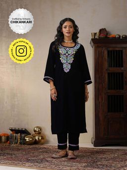 House of Chikankari - Black Velvet Chikankari Embroidered Kurta with Pant (Set of 2)