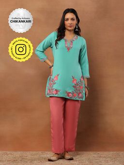 House of Chikankari - Aari Woollen Tunic - Turquoise Blue