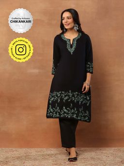 House of Chikankari - Threadwork Embroidered Woollen Solid Long Kurta Black