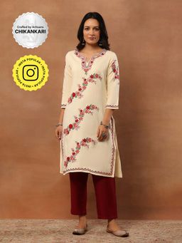 House of Chikankari - Threadwork Embroidered Woollen Solid Long Kurta Beige