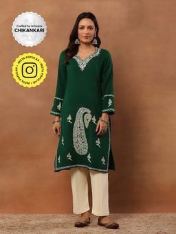 House of Chikankari - Aari Woollen Kurta Set - Green