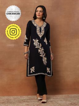House of Chikankari - Threadwork Embroidered Woollen Solid Long Kurta Black