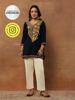 House of Chikankari - Crafts Aari Embroidered Woollen Short Kurti - Navy Blue