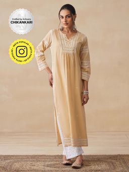 House of Chikankari - Womens Woven Pure Cotton Chikankari Kurta-Beige