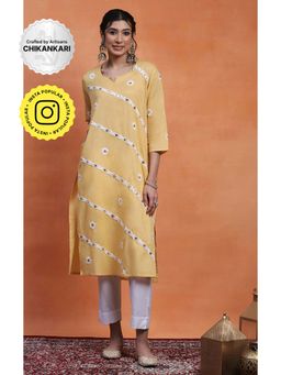 House of Chikankari - Yellow Cotton Chikankari Women's Long Kurta