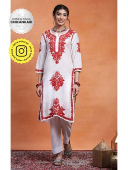 House of Chikankari - White Chanderi Chikankari Women's Long Kurta