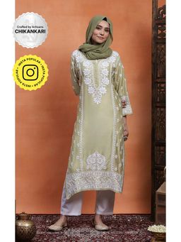 House of Chikankari - Green Rayon Chikankari Women's Long Kurta