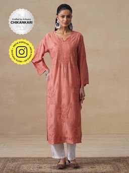 House of Chikankari - Pink Chanderi Chikankari Women's Long Kurta