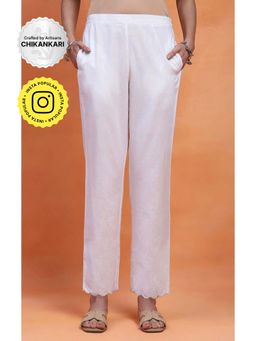 House of Chikankari - White Cotton Scalloped Solid Women's Pant