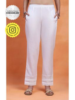 House of Chikankari - White Cotton Solid Women's Pintuck Pant with Lace