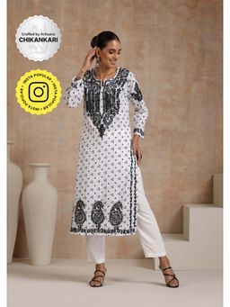 House of Chikankari - Chikankari Mulmul Straight Kurta -White