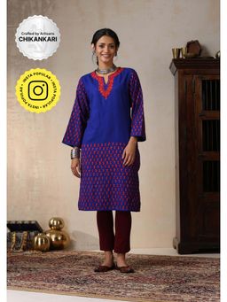 House of Chikankari - Crafts Aari Embroidered Woollen Womens Long Kurta - Royal Blue