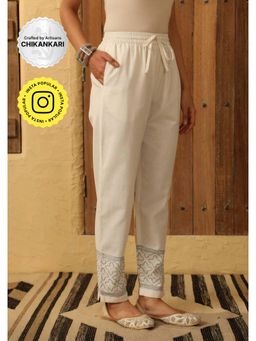 House of Chikankari - Cotton Loom Embroidered Solid Women's Pant - Off-White