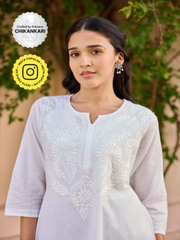 House of Chikankari - Women's White Cotton Chikankari Embroidered Tunic