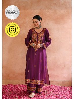 House of Chikankari - Chikankari Chanderi Straight Kurta with Inner and Palazzo (Set of 3)