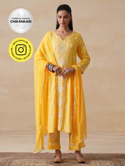 House of Chikankari - Women Rayon Chikankari Kurta with Pant and Dupatta (Set of 3) - Yellow