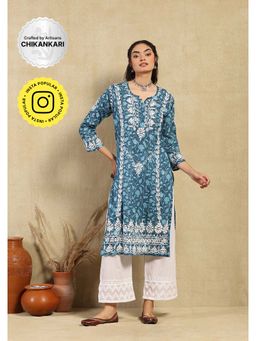 House of Chikankari - Ambar Chikankari Mulmul Straight Kurta -Dark Blue