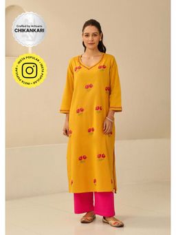 House of Chikankari - Cotton Chikankari Womens Long Kurta - Mustard