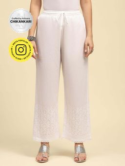 House of Chikankari - White Cotton Chikankari Solid Women's Pant