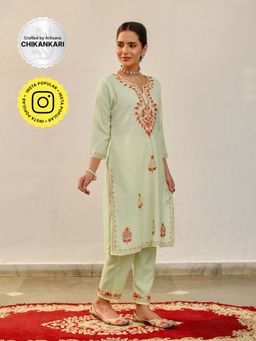 House of Chikankari - Crafts Women Yellow Aari Embroidered Cotton Kurta with Pant (Set of 2)
