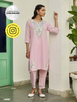 House of Chikankari - Crafts Women Pink Aari Embroidered Cotton Kurta with Pant (Set of 2)