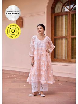 House of Chikankari - Peach Nazakat Kota Chikankari Solid Angarkha Kurta with Inner (Set of 2)