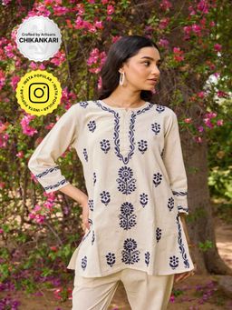 House of Chikankari - Cotton Linen Blend Chikankari Solid Women's Kurti