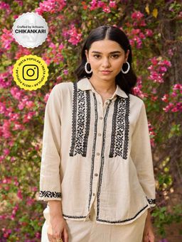 House of Chikankari - Off White Cotton Linen Blend Chikankari Solid Women's Shirt