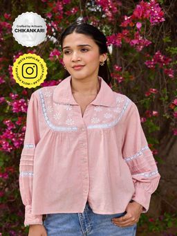 House of Chikankari - Pink Cotton Linen Blend Chikankari Solid Women's Shirt