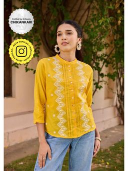 House of Chikankari - Yellow Cotton Chikankari Solid Women's Top