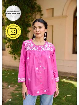 House of Chikankari - Cotton Chikankari Solid Women's Top - Pink